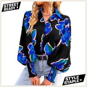 Silky Polyester Blouse Long Sleeve Button Down Floral Print Loose Fit